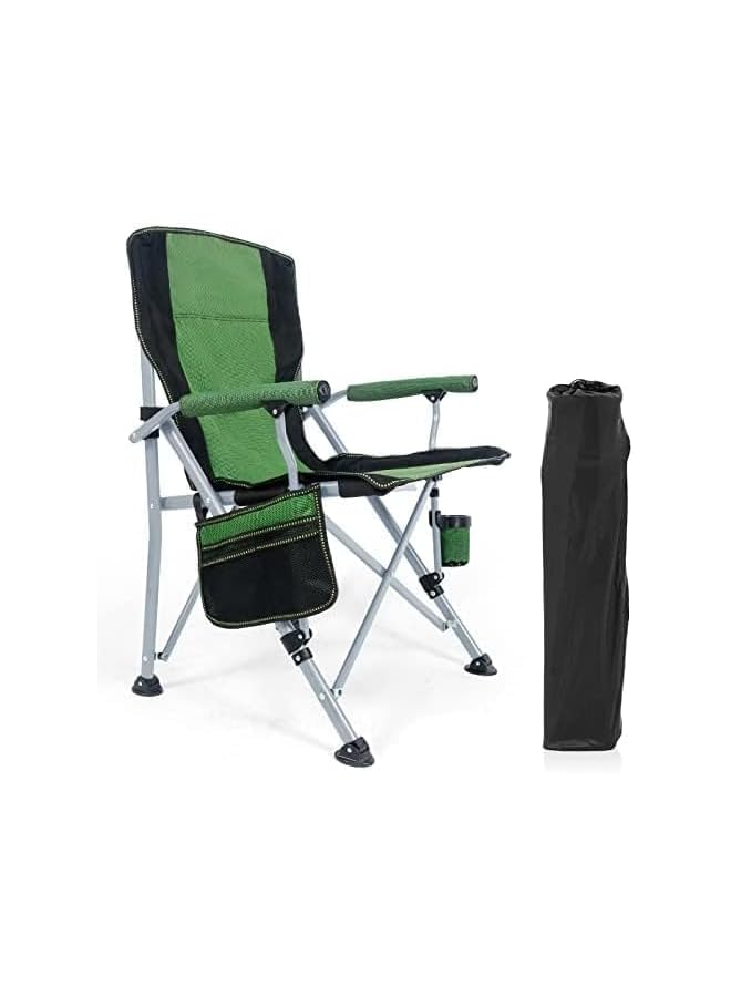 PROMASS Portable Camping Chair Folding Heavy Duty Quad Outdoor Large Chairs Support 330 Lbs High Back Padded Thicken Oxford With Armrests, Storage Bag, Cup Holder, Carry Bag For Outside (Green)
