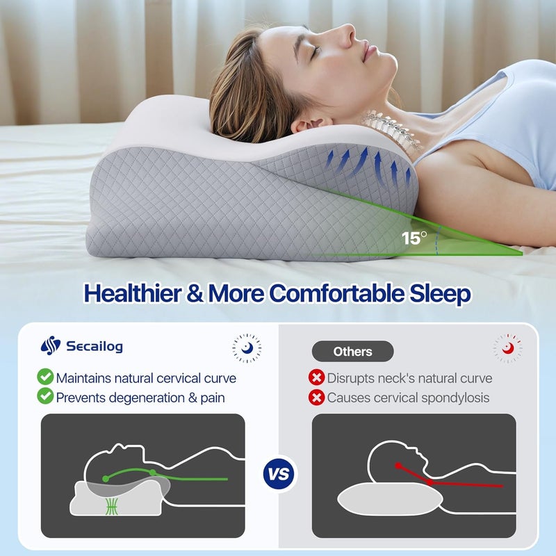 Secailog Memory Foam Neck Pillow - Ergonomic Contour Cervical Neck Pillow for Side Back Stomach Sleepers, 2-in-1 Orthopedic Neck Support Pillow with Cooling Pillowcase - Image 5