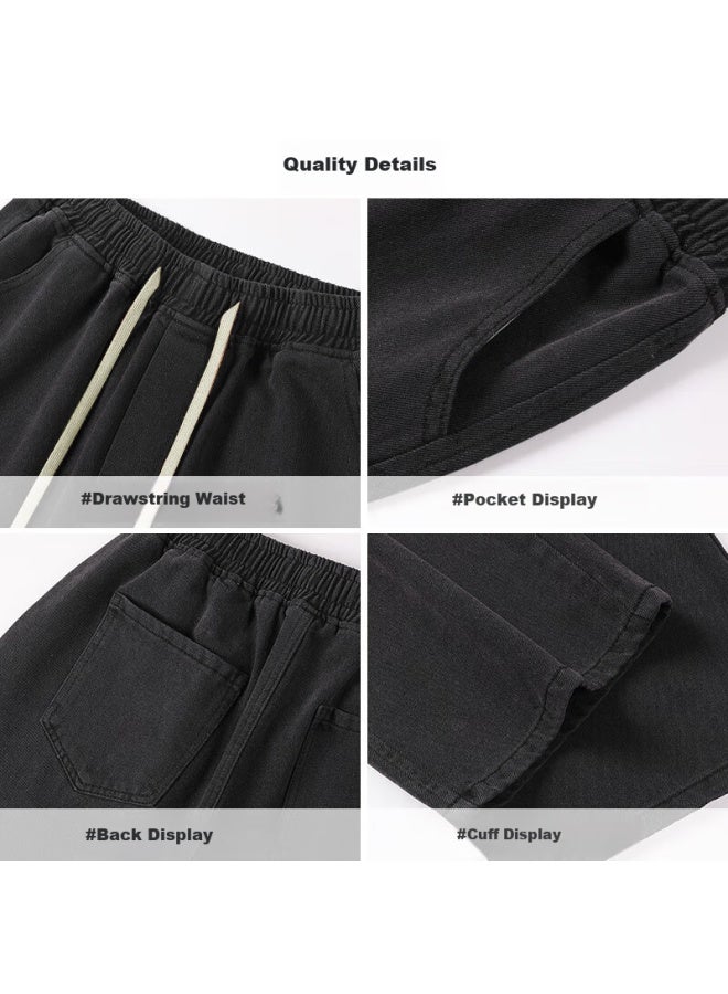 Pull Back Warrior Men's Summer Thin Retro Straight-leg Drawstring Casual Pants Loose Wide-leg Trousers Black Gray 2XL - Image 2