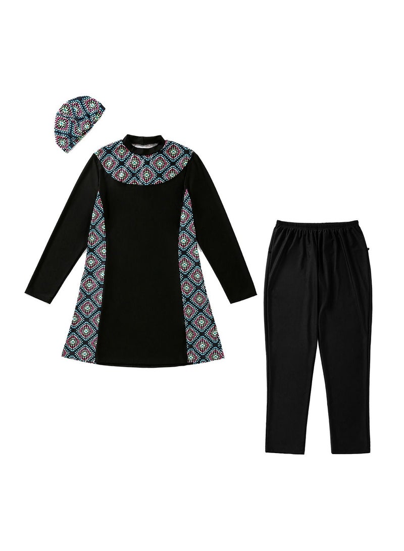 Loquat Large Size Loose Printed Swimwear Set Womens Long Sleeve Burkini Swimsuit Set Black  - Image 2