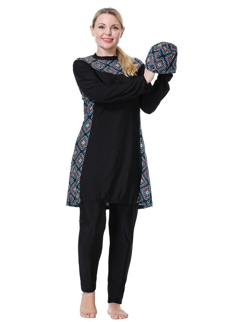 Loquat Large Size Loose Printed Swimwear Set Womens Long Sleeve Burkini Swimsuit Set Black  - Image 1