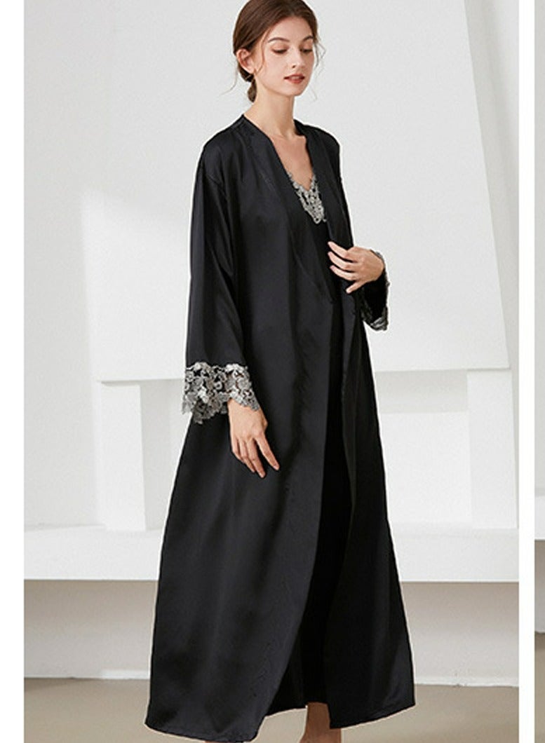 Loquat Women's Lace Stitching Imitation Silk 2-Piece Set Nightgown Sleepwear Slip Dress And Night-Robe Soft Loungewear Pajamas Suit Black  - Image 1