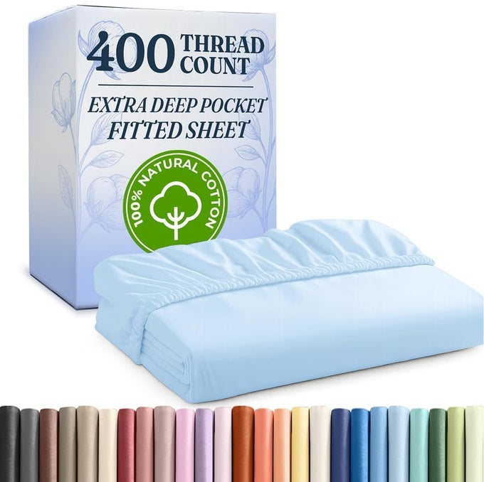 QUEEN 400 THREAD COUNT COTTON FITTED SHEET HOTEL QUALITY 100 COTTON SOFT WRINKLE FREE DEEP POCKETS FITS MATTRESS PERFECTLY WNO POPOFF ELASTIC ONE FITTED BOTTOM SHEET ONLY LIGHT BLUE