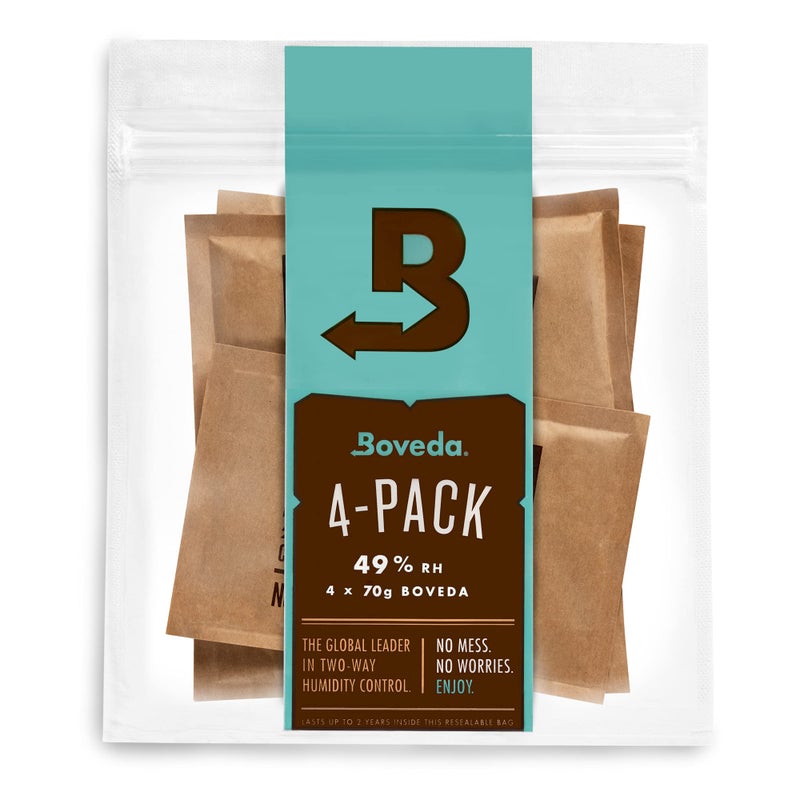 Boveda باوفيدا 49% عبوات التحكم في الرطوبة ثنائية الاتجاه للآلات الموسيقية - 4 عبوات - حجم قياسي - تمنع التشوه والتصدع للآلات الخشبية - عبوات مرطبة لحقائب الآلات - كيس قابل لإعادة الإغلاق - Image 1