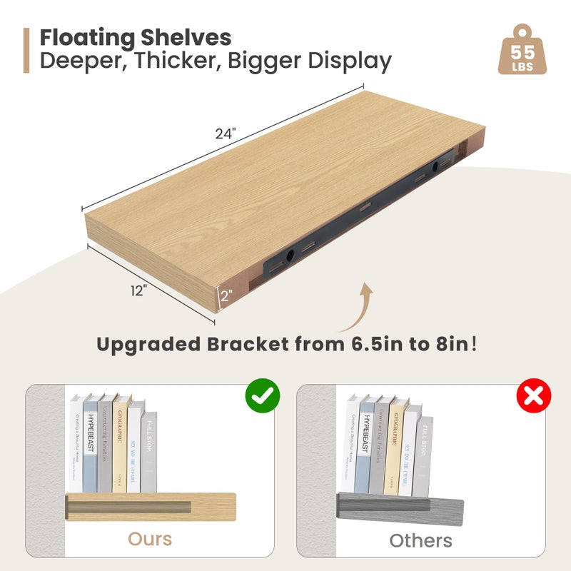 Heimlove 24 x 12 Inch Deep Floating Shelves Wall Mounted with Invisible Brackets,Storage Hanging Shelf for Wall Decor in Bathroom, Bedroom, Toilet, Kitchen, Living Room, Office Set of 2 (Oak) - Image 2