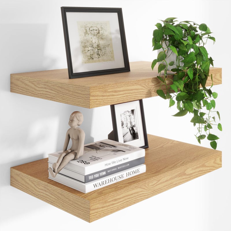 Heimlove 24 x 12 Inch Deep Floating Shelves Wall Mounted with Invisible Brackets,Storage Hanging Shelf for Wall Decor in Bathroom, Bedroom, Toilet, Kitchen, Living Room, Office Set of 2 (Oak) - Image 1