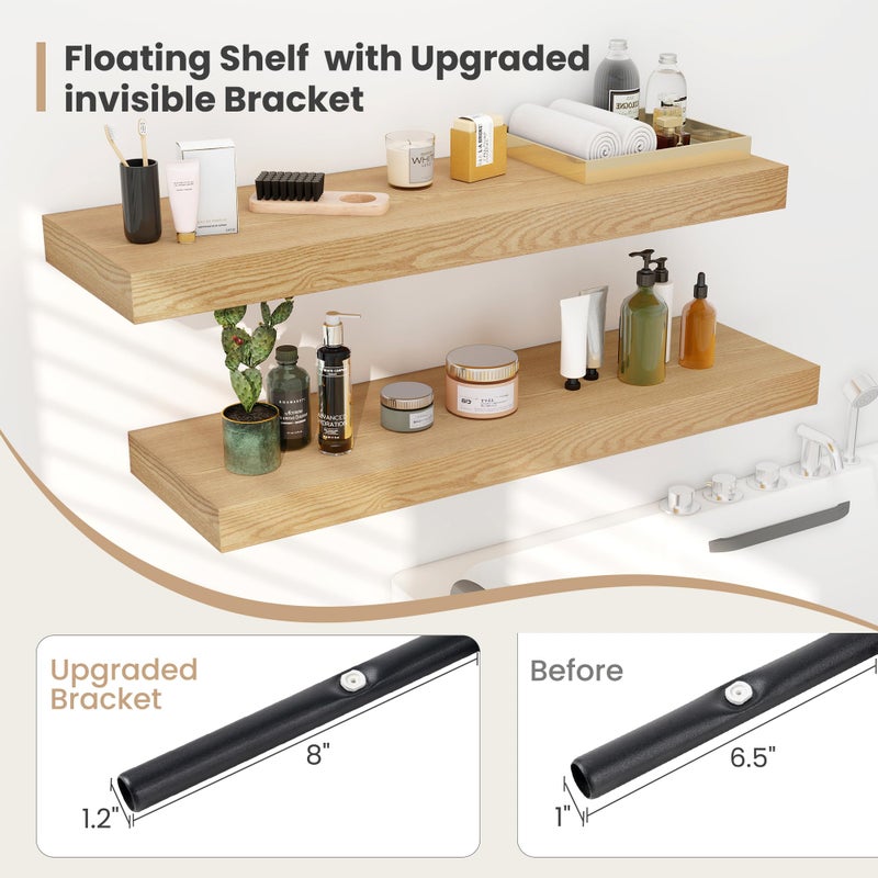Heimlove 24 x 12 Inch Deep Floating Shelves Wall Mounted with Invisible Brackets,Storage Hanging Shelf for Wall Decor in Bathroom, Bedroom, Toilet, Kitchen, Living Room, Office Set of 2 (Oak) - Image 3