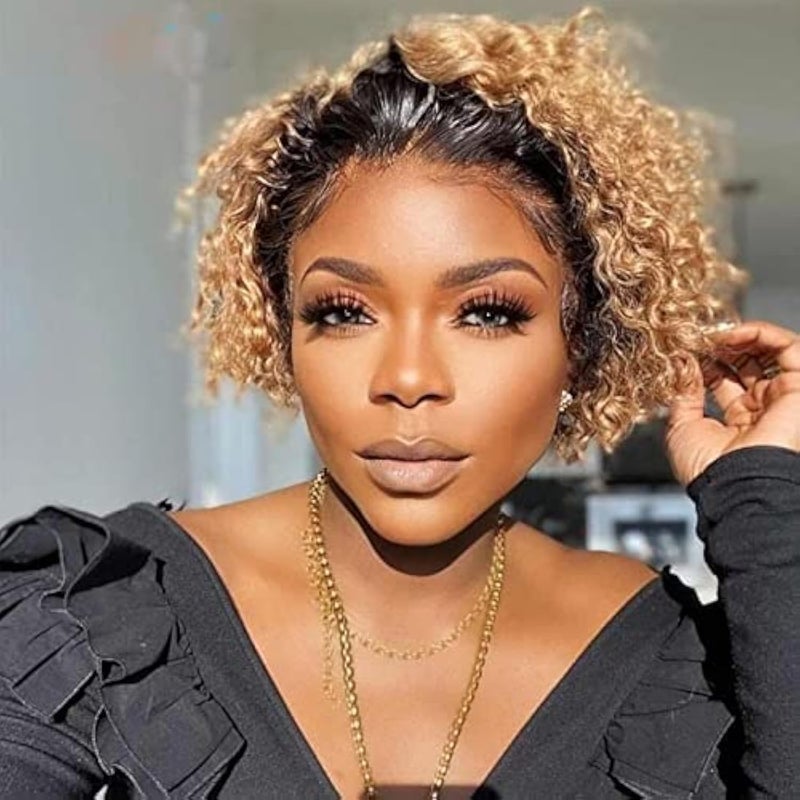 Czrleaty Ombre Blonde Pixie Cut Wig Human Hair Short Curly Lace Front Wigs Human Hair 13X1 Glueless Pixie Cut Lace Front Wigs For Black Women 