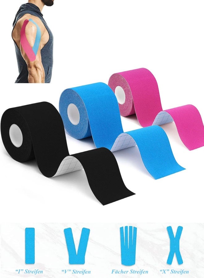 3 Rolls Waterproof Breathable Kinesiology Tape, (5m x 5cm) Athletic Elastic Kneepad Muscle Pain Relief Knee Taping for Gym Fitness Running Tennis Swimming Football (Black, Pink, Blue) - Image 1