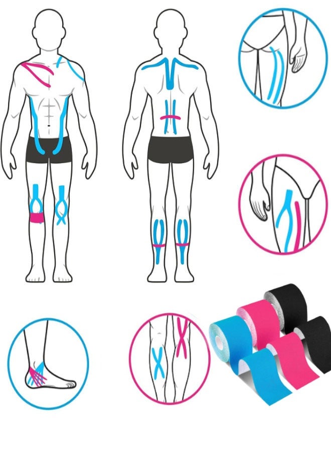 3 Rolls Waterproof Breathable Kinesiology Tape, (5m x 5cm) Athletic Elastic Kneepad Muscle Pain Relief Knee Taping for Gym Fitness Running Tennis Swimming Football (Black, Pink, Blue) - Image 4
