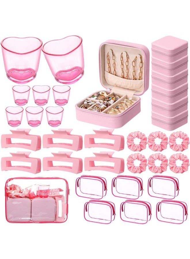 LemonRoad 30Pcs Pink Spa Party Favors Set, 6 Jewelry Box, 6 Plastic Shot Glasses, 6 Cosmetic Bags, 6 Scrunchies, 6 Square Hair Clips Gifts for Women Valentine Galentine Bachelorette Sleepover Supplies - Image 1