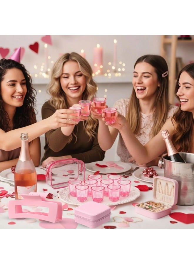 LemonRoad 30Pcs Pink Spa Party Favors Set, 6 Jewelry Box, 6 Plastic Shot Glasses, 6 Cosmetic Bags, 6 Scrunchies, 6 Square Hair Clips Gifts for Women Valentine Galentine Bachelorette Sleepover Supplies - Image 4