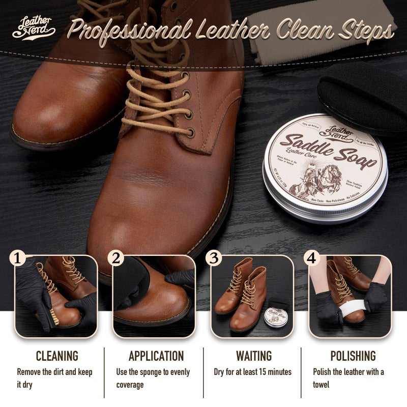 LEATHER NERD Saddle Soap for Leather, Leather Nerd Leather Cleaner Conditioner for Boots, 4.23 Oz with Sponge, All-Natural Protect Soften and Restore Shoes, Jackets, Purses, Gloves, Vinyl, and Leather Products - Image 5
