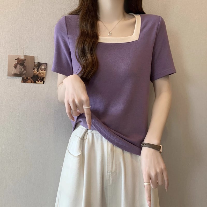 Women's Short-Sleeve Square-Neck Color-Block T-Shirt for Plus-Size, Slimming, Versatile, Loose-Fitting, Tummy-Concealing Top 120kg - Image 3