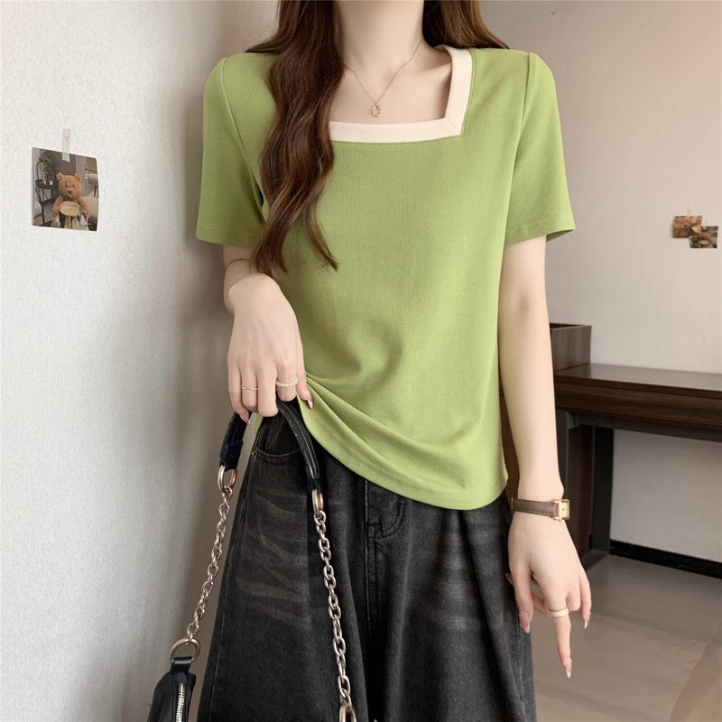 Women's Short-Sleeve Square-Neck Color-Block T-Shirt for Plus-Size, Slimming, Versatile, Loose-Fitting, Tummy-Concealing Top 120kg - Image 5