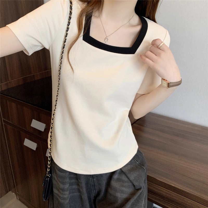 Women's Short-Sleeve Square-Neck Color-Block T-Shirt for Plus-Size, Slimming, Versatile, Loose-Fitting, Tummy-Concealing Top 120kg - Image 2