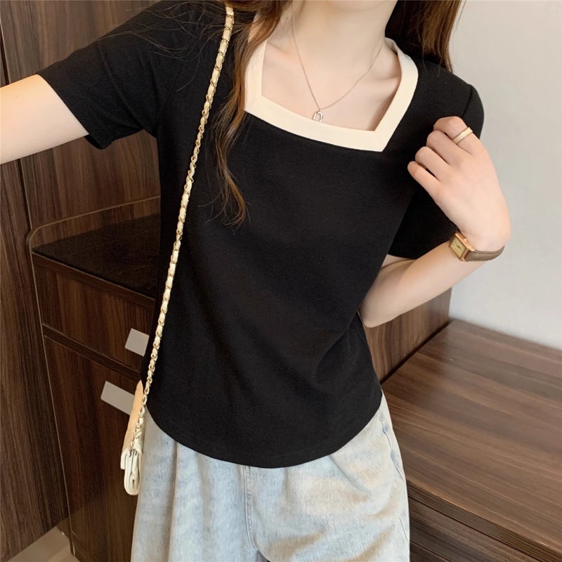 Women's Short-Sleeve Square-Neck Color-Block T-Shirt for Plus-Size, Slimming, Versatile, Loose-Fitting, Tummy-Concealing Top 120kg - Image 4