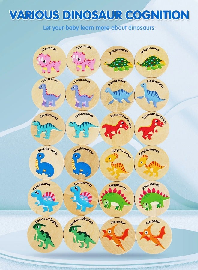 Wooden Memory Matching Game, 24PCS Dinosaurs Matching Wooden Cards, Kids Memory Game, Find the Same Dinosaurs Memory Cognitive Training Observation Puzzle Game - Image 3