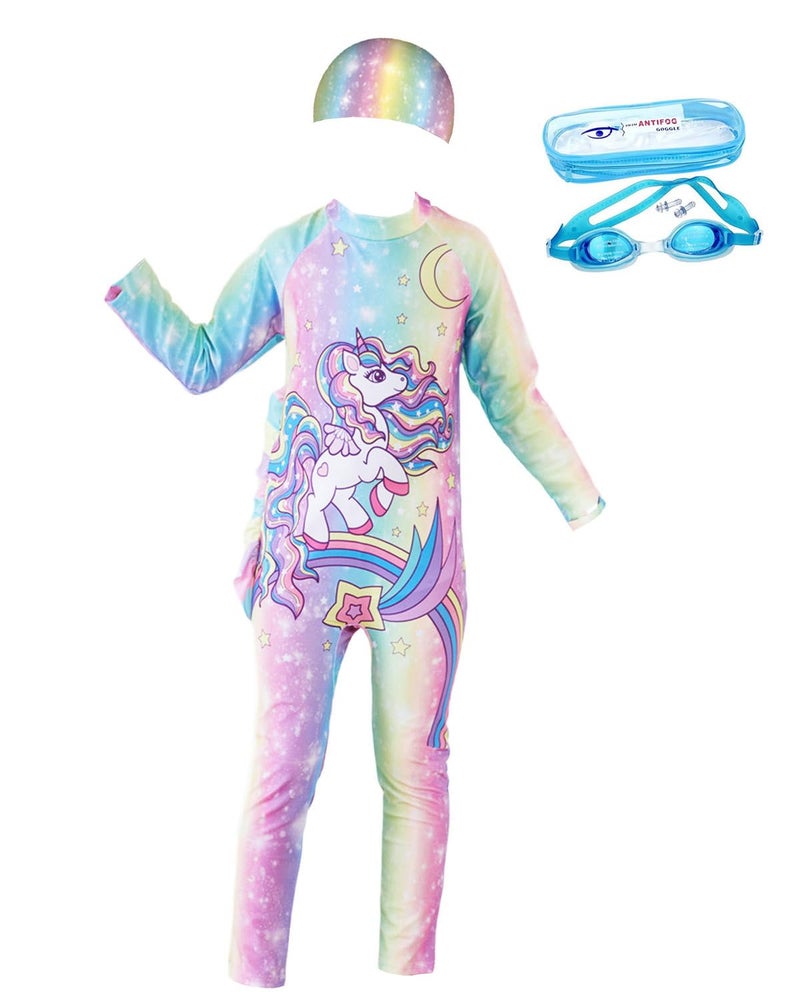 FancyDressWale Swimming Costume Full Body Coverage Bathing Suits for Girls wtih Goggles (in, Age, 4 Years, 6 Years, Regular, Unicorn Moon) - Image 5