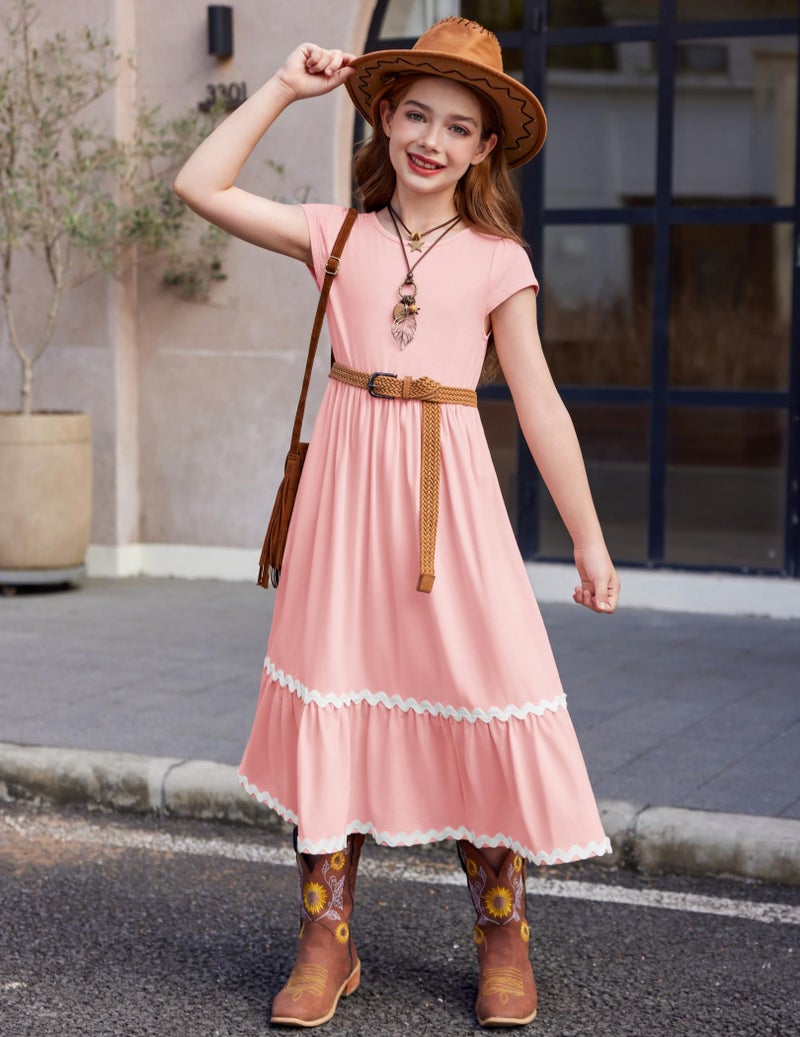 Arshiner Girls Summer Maxi Dresses Short Sleeve Casual Flowy Tiered Light Pink Dress with Pockets for 12-13Y Years - Image 4