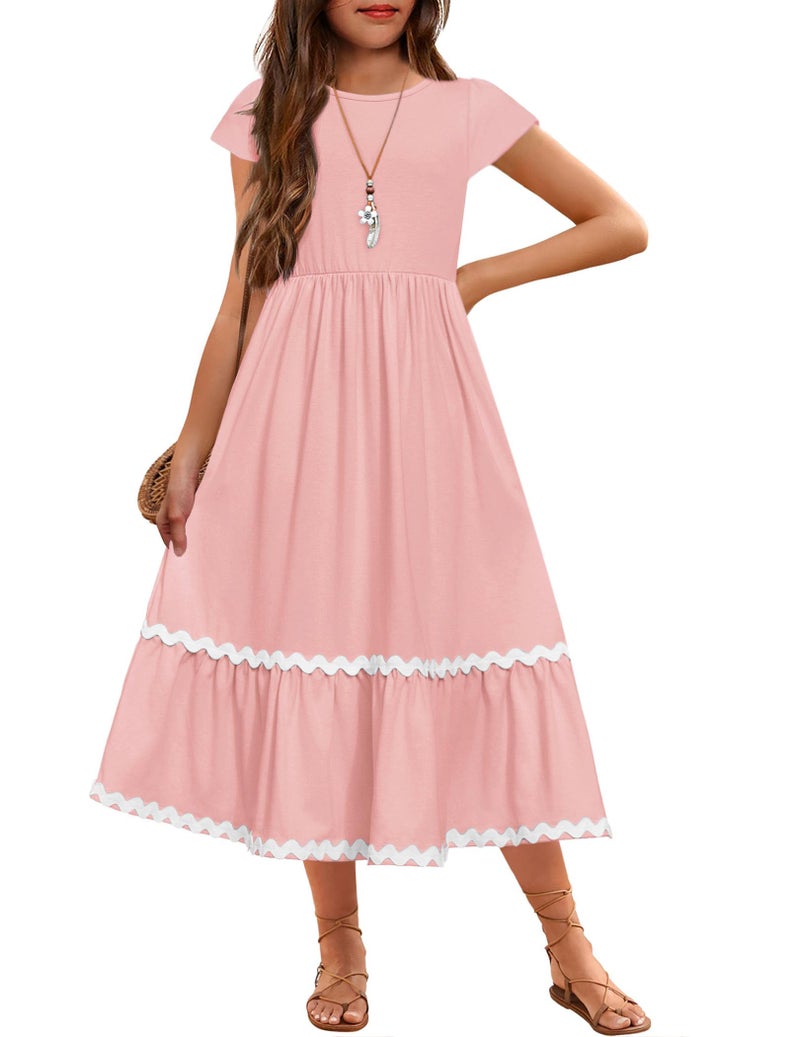 Arshiner Girls Summer Maxi Dresses Short Sleeve Casual Flowy Tiered Light Pink Dress with Pockets for 12-13Y Years - Image 1