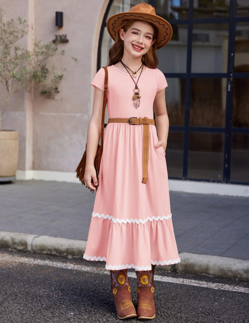 Arshiner Girls Summer Maxi Dresses Short Sleeve Casual Flowy Tiered Light Pink Dress with Pockets for 12-13Y Years - Image 5