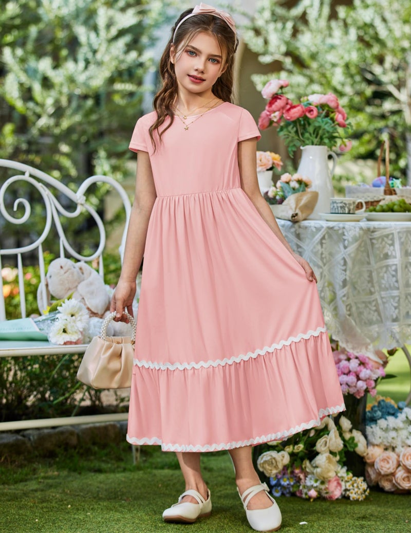 Arshiner Girls Summer Maxi Dresses Short Sleeve Casual Flowy Tiered Light Pink Dress with Pockets for 12-13Y Years - Image 2