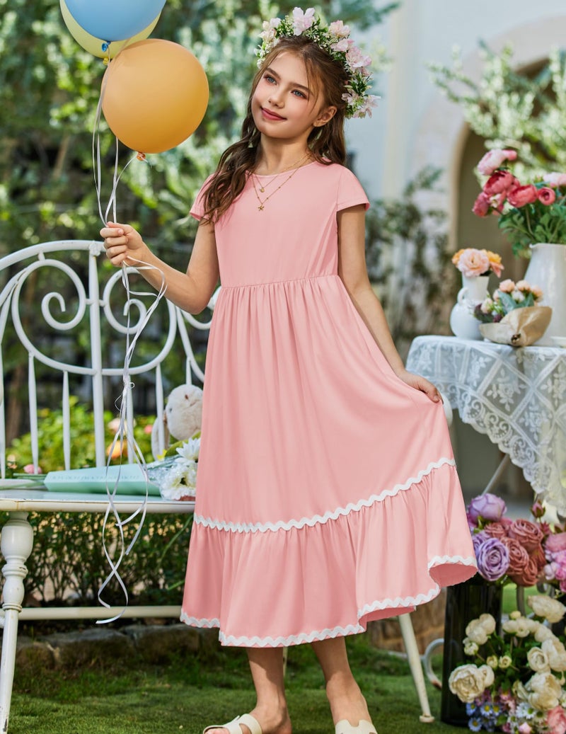 Arshiner Girls Summer Maxi Dresses Short Sleeve Casual Flowy Tiered Light Pink Dress with Pockets for 12-13Y Years - Image 3