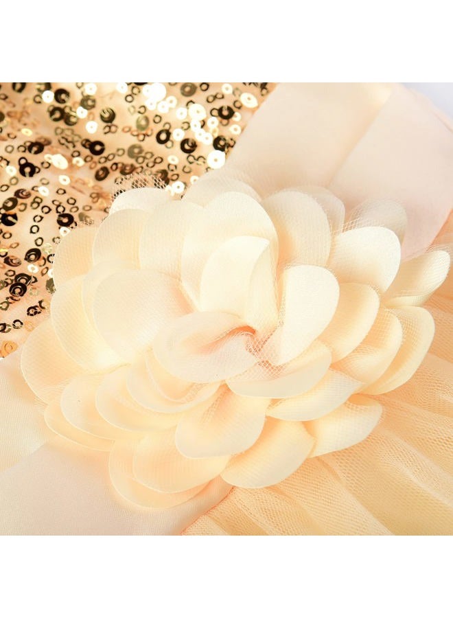 JerrisApparel Little Girls' Sequin Mesh Flower Ball Gown Party Dress Tulle Prom, Apricot, 3-4 Years - Image 2