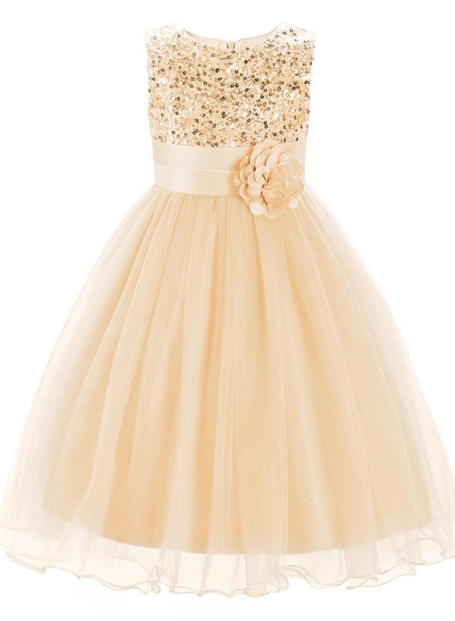 JerrisApparel Little Girls' Sequin Mesh Flower Ball Gown Party Dress Tulle Prom, Apricot, 3-4 Years - Image 1