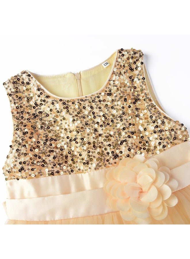 JerrisApparel Little Girls' Sequin Mesh Flower Ball Gown Party Dress Tulle Prom, Apricot, 3-4 Years - Image 4