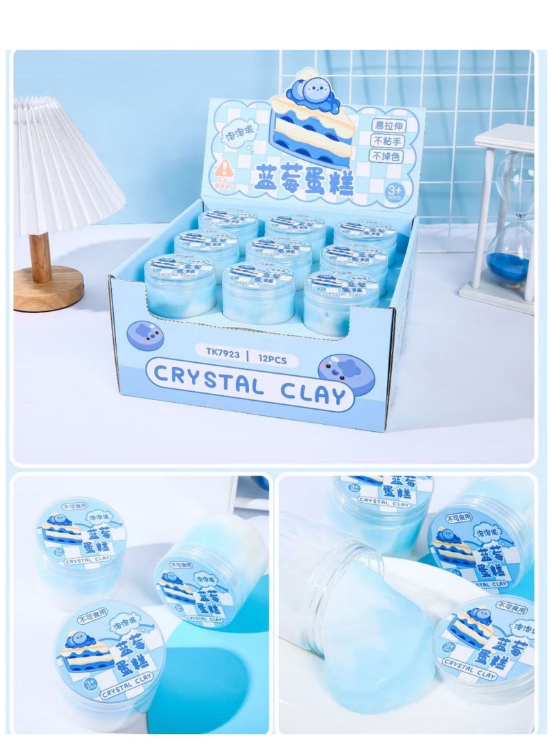 Blueberry Cake Slime * Type: Crystal Clay Slime Appearance: The slime has a soft, stretchy texture, similar to candy or cream. It comes in a light blue color with small blueberry-like decorations, making it look like a mini cake. 