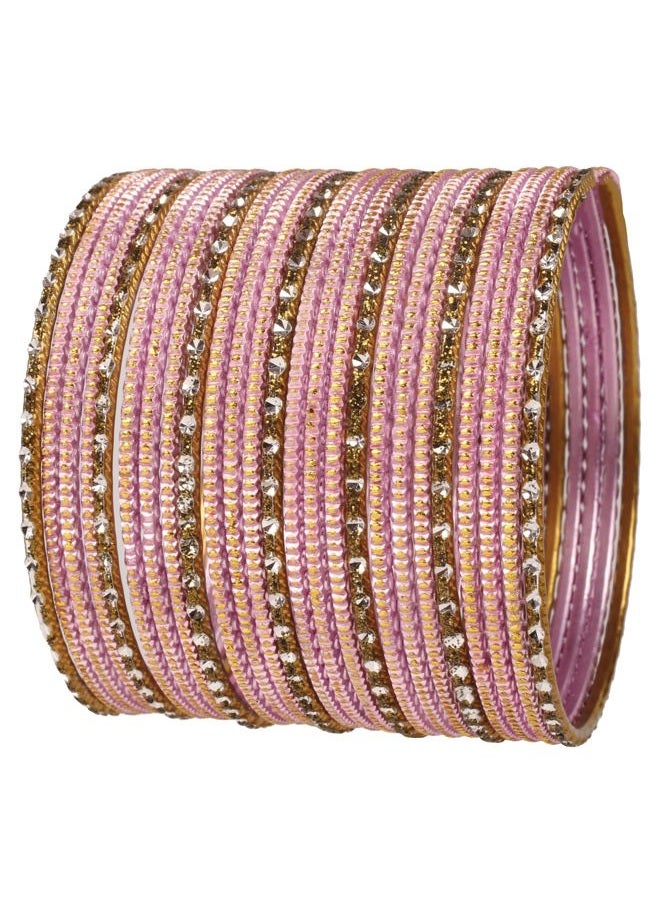 Touchstone NEW! Indian Bollywood Fashion Handcrafted Peeled Pattern Textured Blush Pink Golden Dots Antique Look Gorgeous Designer Jewelry Bracelets Bangle. Set Of 25. For Women. - Image 1
