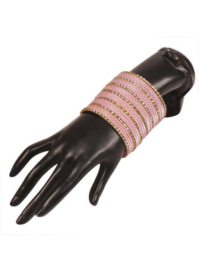 Touchstone NEW! Indian Bollywood Fashion Handcrafted Peeled Pattern Textured Blush Pink Golden Dots Antique Look Gorgeous Designer Jewelry Bracelets Bangle. Set Of 25. For Women. - Image 2