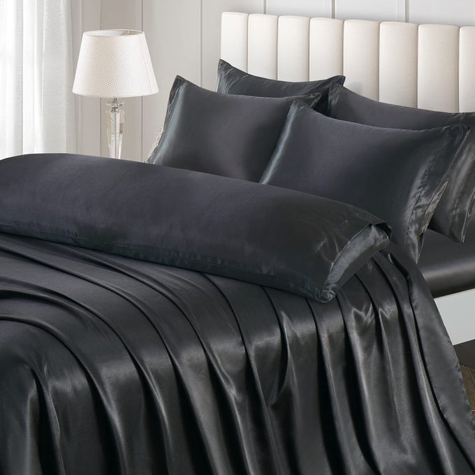 7 PIECES SATIN SHEETS SET QUEEN SIZE LUXURY SILKY BLACK SATIN BED SHEETS SET WITH 1 DEEP POCKET FITTED SHEET 1 SOFT FLAT SHEET 4 QUEEN PILLOWCASES AND 1 BODY PILLOWCASE