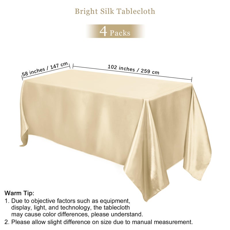 TURSTIN 4 Packs Champagne Satin Tablecloth 102 x 58 Inch Overlay Satin Table Cover Rectangle Bright Silk Tablecloth Smooth Fabric Table Decoration for Wedding Banquet Party Events - Image 2