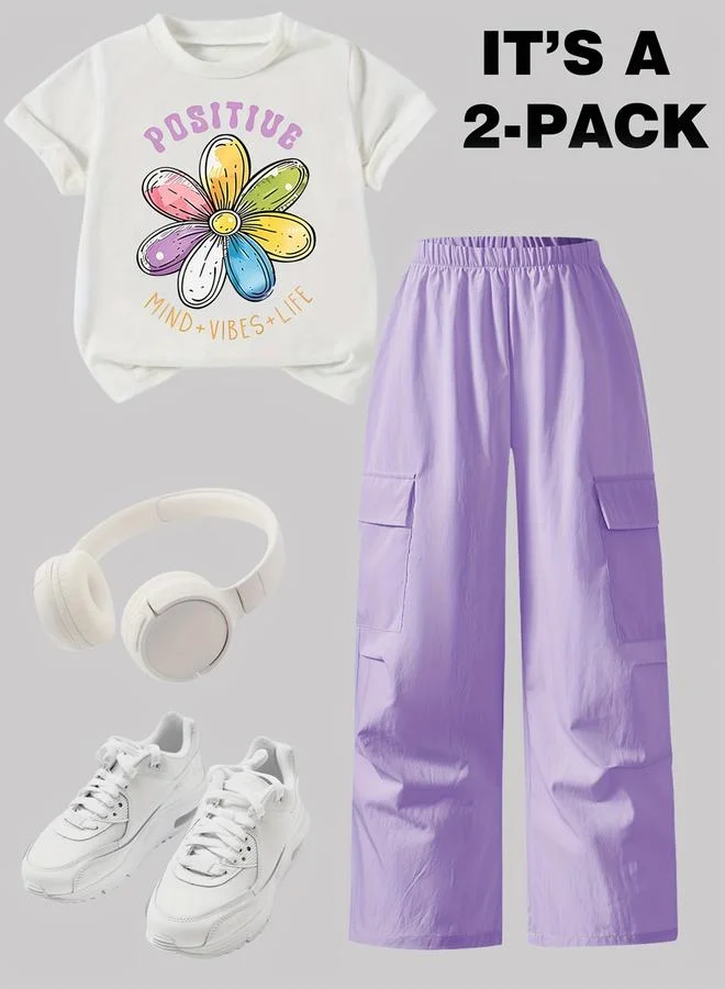 Take Two Take Two Girls Graphic Print T-Shirt and Cargo Pants Set