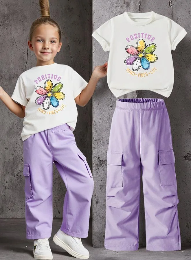 Take Two Take Two Girls Graphic Print T-Shirt and Cargo Pants Set