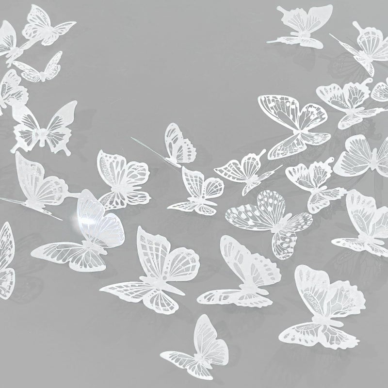 Ewong 3D Butterfly Wall Decor 72Pcs, 10 Styles Black White PVC Butterfly Theme Decoration Birthday Party Cake Wall Decal Removable Home Room Bedroom Bathroom Art Sticker Murals (White) - Image 1