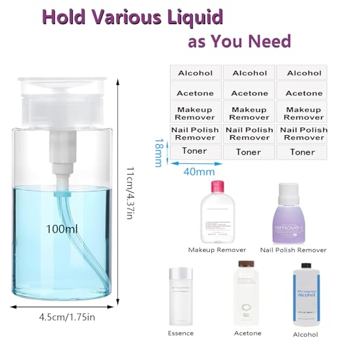 Moonlik Push Down Pump Dispenser, 3.4oz Clear Pump Bottles with Alcohol, Acetone, Nail Polish Remover, Makeup Remover, Toner Stickers Empty Push Top Container for Liquid (100ml-4Pack) - Image 2
