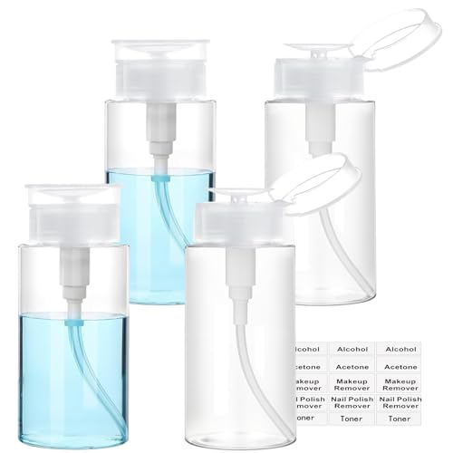 Moonlik Push Down Pump Dispenser, 3.4oz Clear Pump Bottles with Alcohol, Acetone, Nail Polish Remover, Makeup Remover, Toner Stickers Empty Push Top Container for Liquid (100ml-4Pack) - Image 1