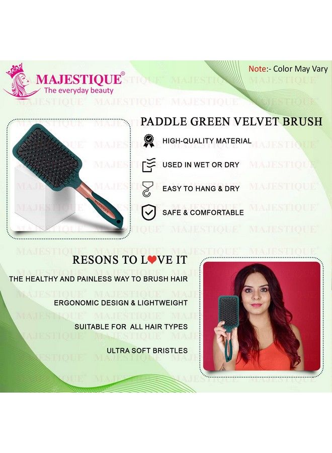 MAJESTIQUE Paddle Brush With A Large Cushion Flat Hair Brush For Women&Men And Wet&Dry Smoothing Detangling Brush For Long Thick Hair (Velvet Green) - Image 4