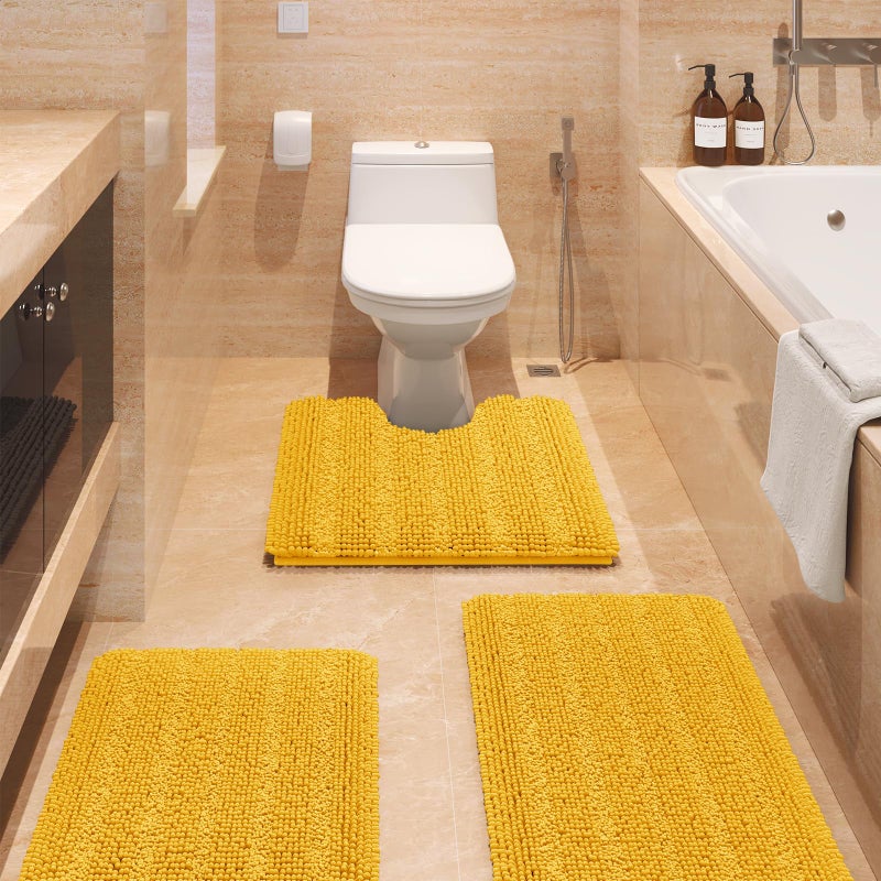 ACCUMTEK Striped Yellow Bathroom Rug Set 3 Pieces Ultra Soft, Non Slip Chenille Toilet Mat, Absorbent Plush Shaggy Bath Mats for Bathroom, Bedroom, Kitchen - Image 1
