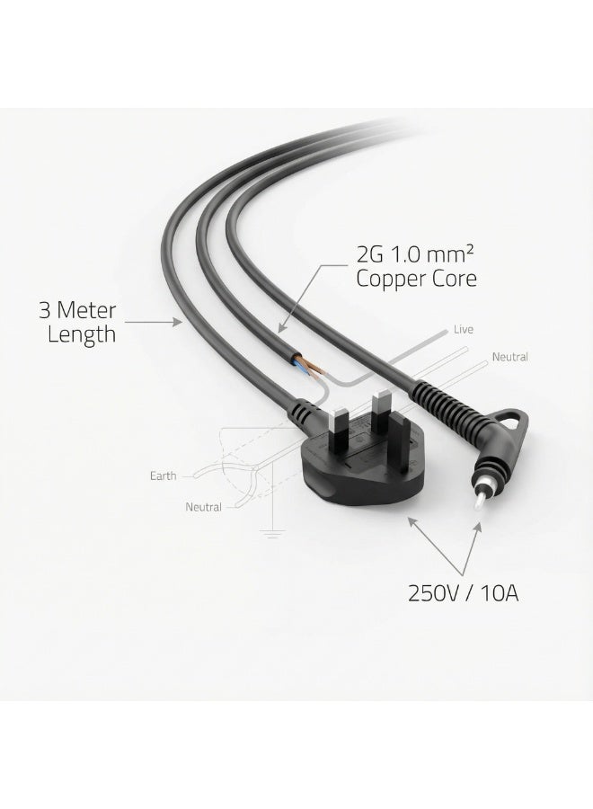 دائرة خضراء كابل طاقة بديل لمكواة فرد الشعر من 3M، سلك تيار متردد ثلاثي السنون، المملكة المتحدة BS1363، 2G 1.0 مم²، 250 فولت 10 أمبير - مناسب لمجففات الشعر والسخانات والأجهزة الصغيرة - أسود - Image 4