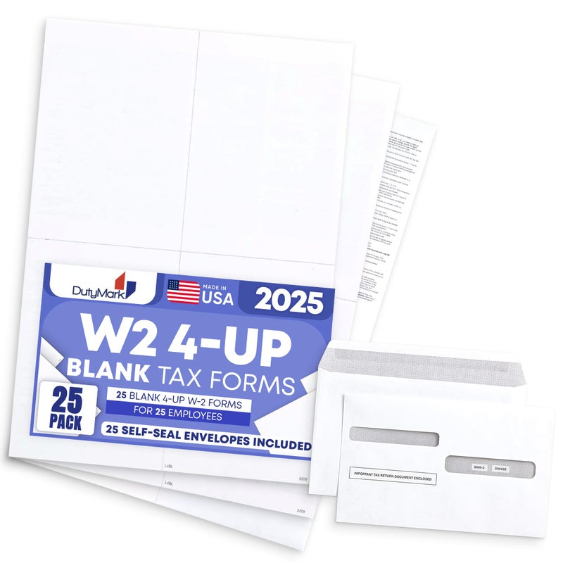 Dutymark W2 Forms 2025 with Envelopes, Blank W2 4 Up Tax Forms 2025, 25 Employees kit, with Instructions in Back, Compatible with QuickBooks and Accounting Software, Idea for E-Filing, 25 Self Seal Envelopes, - Image 3