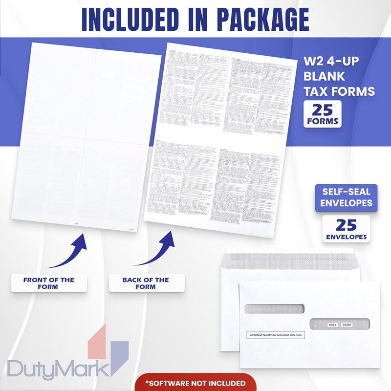 Dutymark W2 Forms 2025 with Envelopes, Blank W2 4 Up Tax Forms 2025, 25 Employees kit, with Instructions in Back, Compatible with QuickBooks and Accounting Software, Idea for E-Filing, 25 Self Seal Envelopes, - Image 2