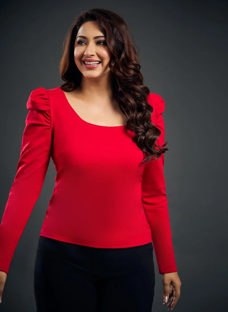 Zigzag Long Puff Sleeve Red Ponte Top