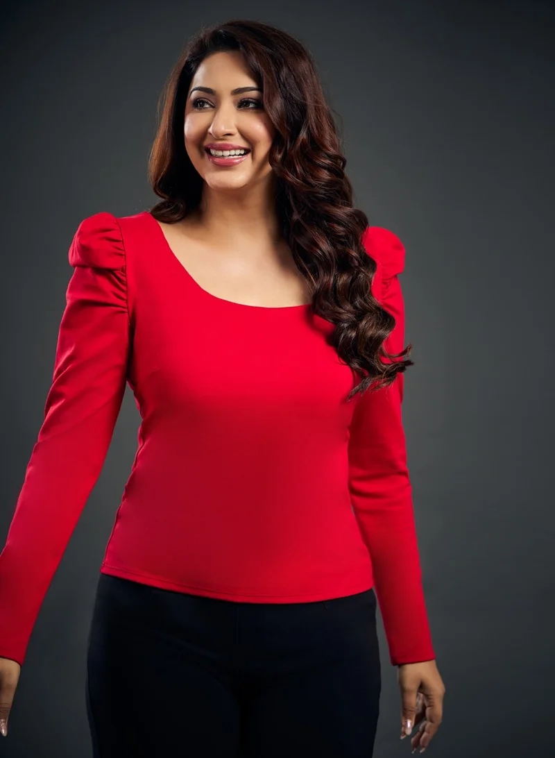 Zigzag Long Puff Sleeve Red Ponte Top