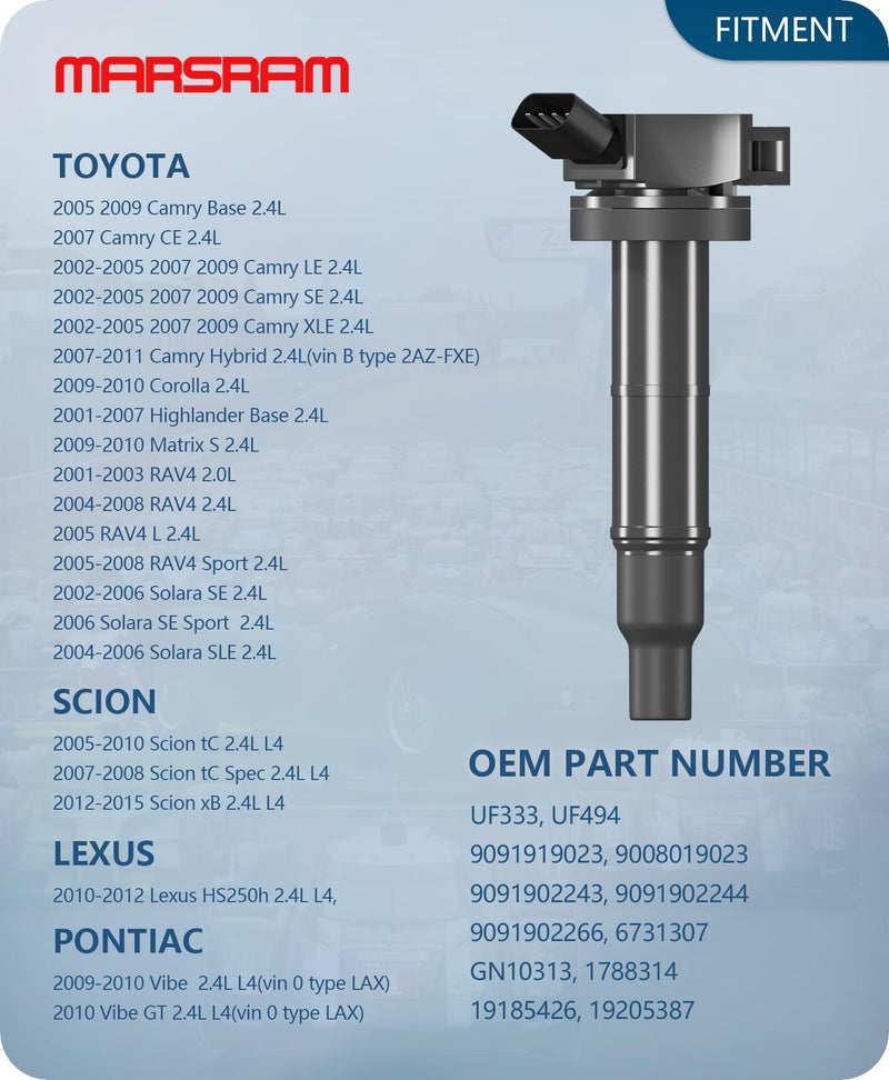Marsram Ignition Coil Pack UF333 Compatible with Toyota & Scion Lexus & Pontiac, 2002-2005 2007-2011 Camry, 2001-2007 RAV4 Highlander, 2005-2010 tC, 2009-2010 Corolla Matrix Vibe, 2.0L 2.4L 4PCS - Image 2