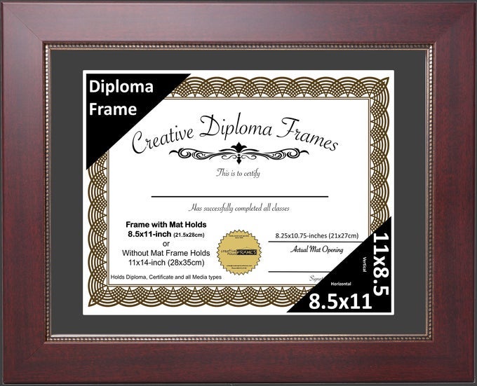 85x11inch Matted Mahogany Diploma Frame with Printed Gold Relief with Self Standing Easel and Installed Wall Hangers